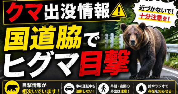 【クマ出没情報】北見市留辺蘂町富士見の国道脇でヒグマ目撃
